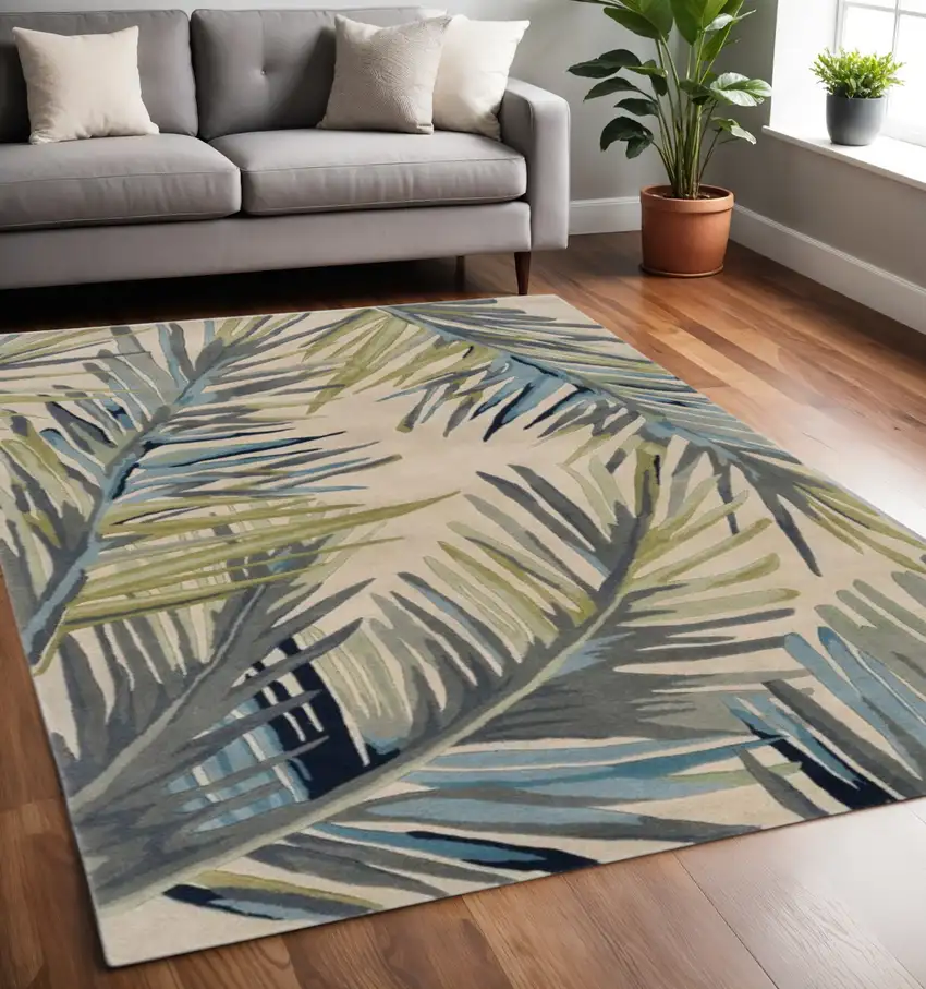 Ivory Blue And Green Wool Tropical Botanical Hand Tufted Area Rug Photo 2