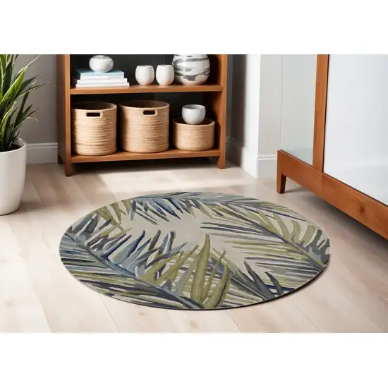 5' Ivory Blue And Green Wool Tropical Botanical Hand Tufted Round Rug Photo 1
