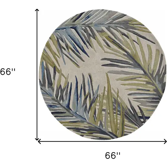 5' Ivory Blue And Green Wool Tropical Botanical Hand Tufted Round Rug Photo 3