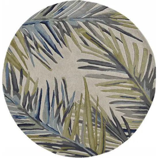 5' Ivory Blue And Green Wool Tropical Botanical Hand Tufted Round Rug Photo 2