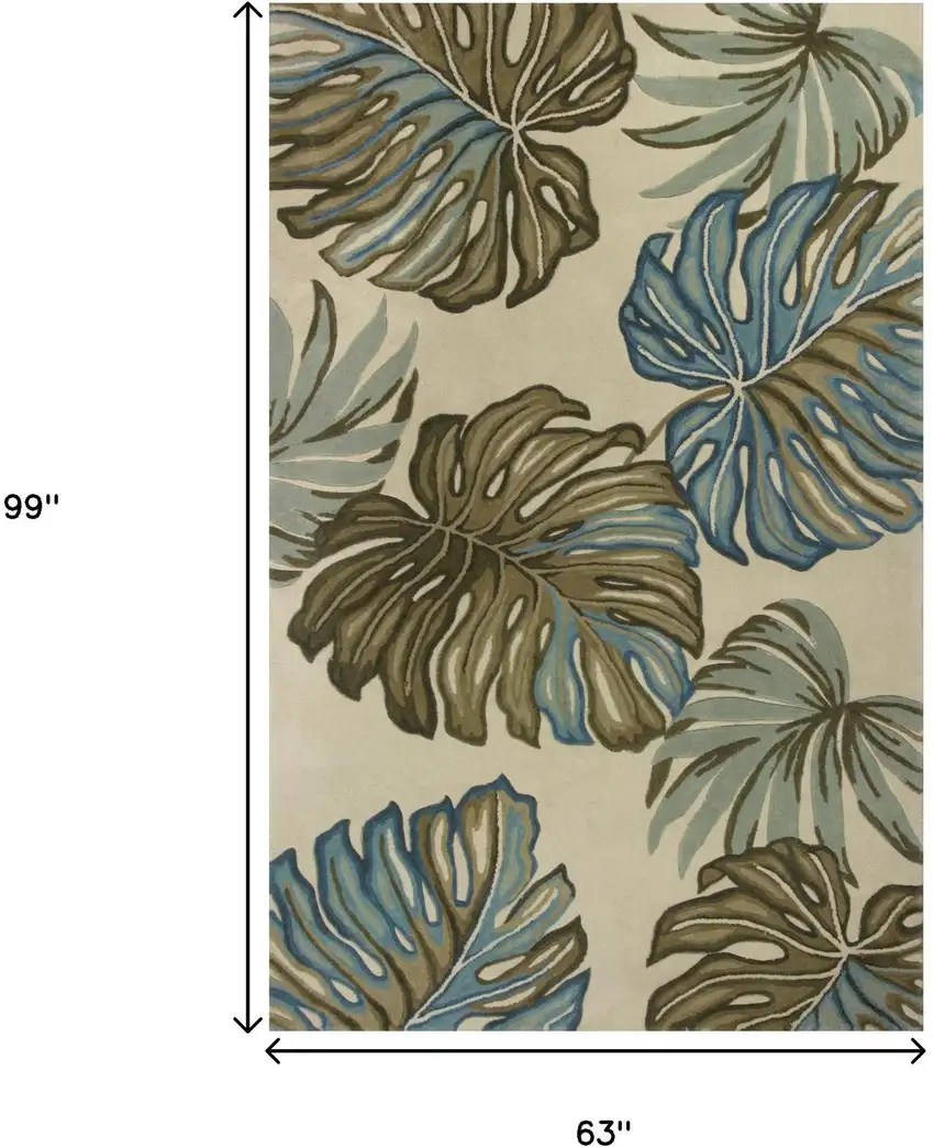 Brown Blue And Green Wool Tropical Botanical Hand Tufted Area Rug Photo 8