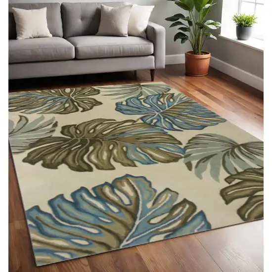 Brown Blue And Green Wool Tropical Botanical Hand Tufted Area Rug Photo 2