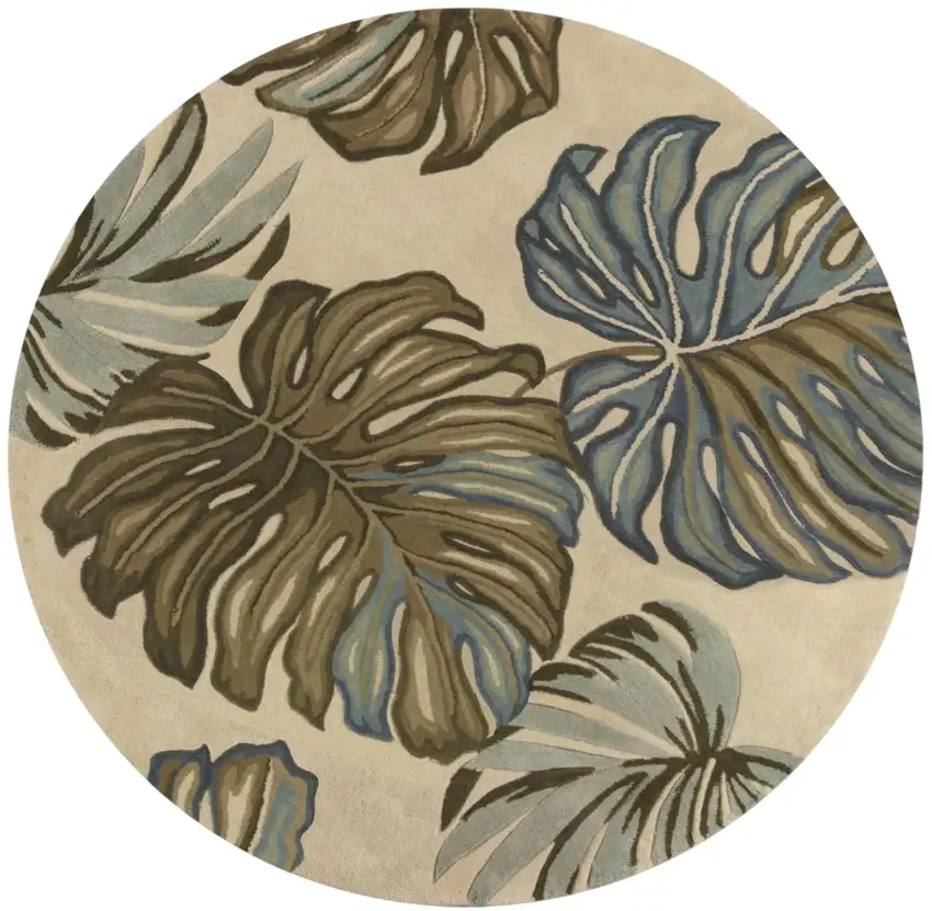5' Brown Blue And Green Wool Tropical Botanical Hand Tufted Round Rug Photo 4