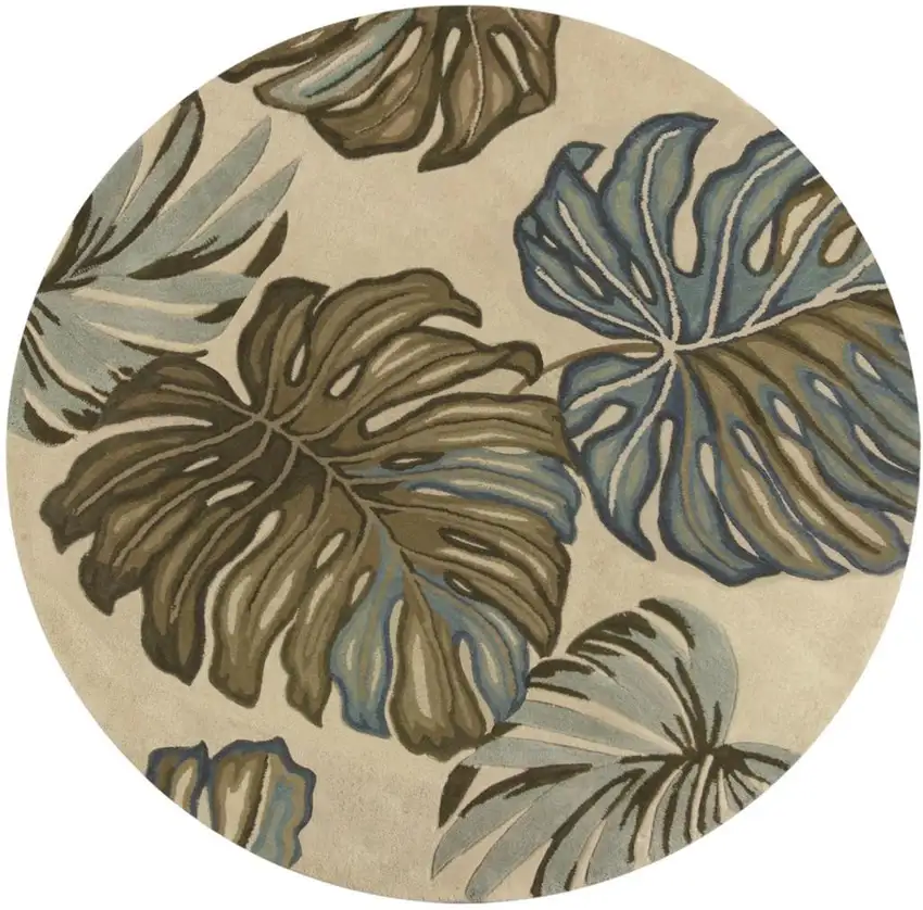 5' Brown Blue And Green Wool Tropical Botanical Hand Tufted Round Rug Photo 3