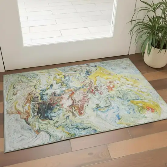 Ivory Yellow And Blue Abstract Washable Area Rug With UV Protection Photo 1