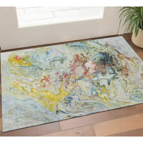 Ivory Yellow And Blue Abstract Washable Area Rug With UV Protection Photo 1