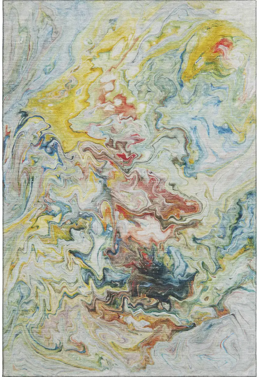Ivory Yellow And Blue Abstract Washable Area Rug With UV Protection Photo 2