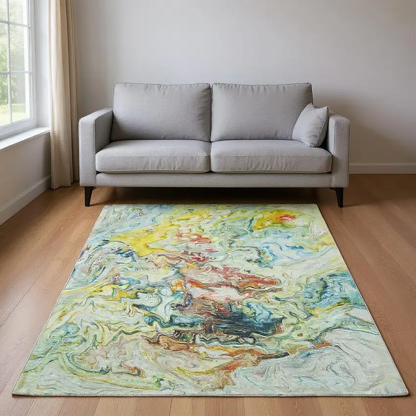 Ivory Yellow And Blue Abstract Washable Area Rug With UV Protection Photo 2