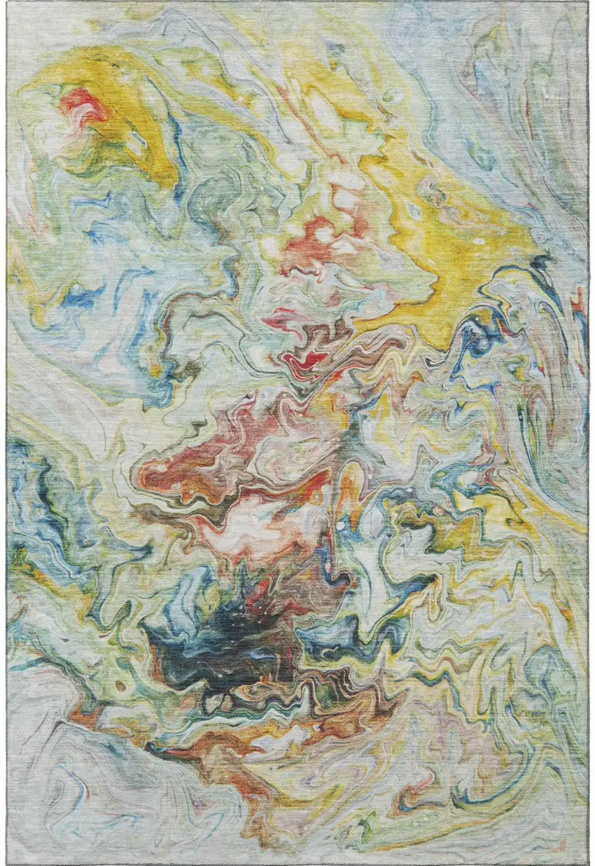 Ivory Yellow And Blue Abstract Washable Area Rug With UV Protection Photo 4