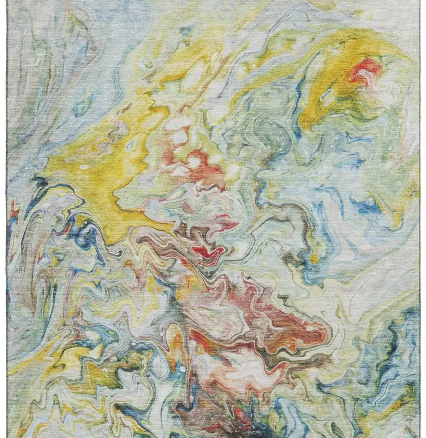 Ivory Yellow And Blue Abstract Washable Area Rug With UV Protection Photo 3