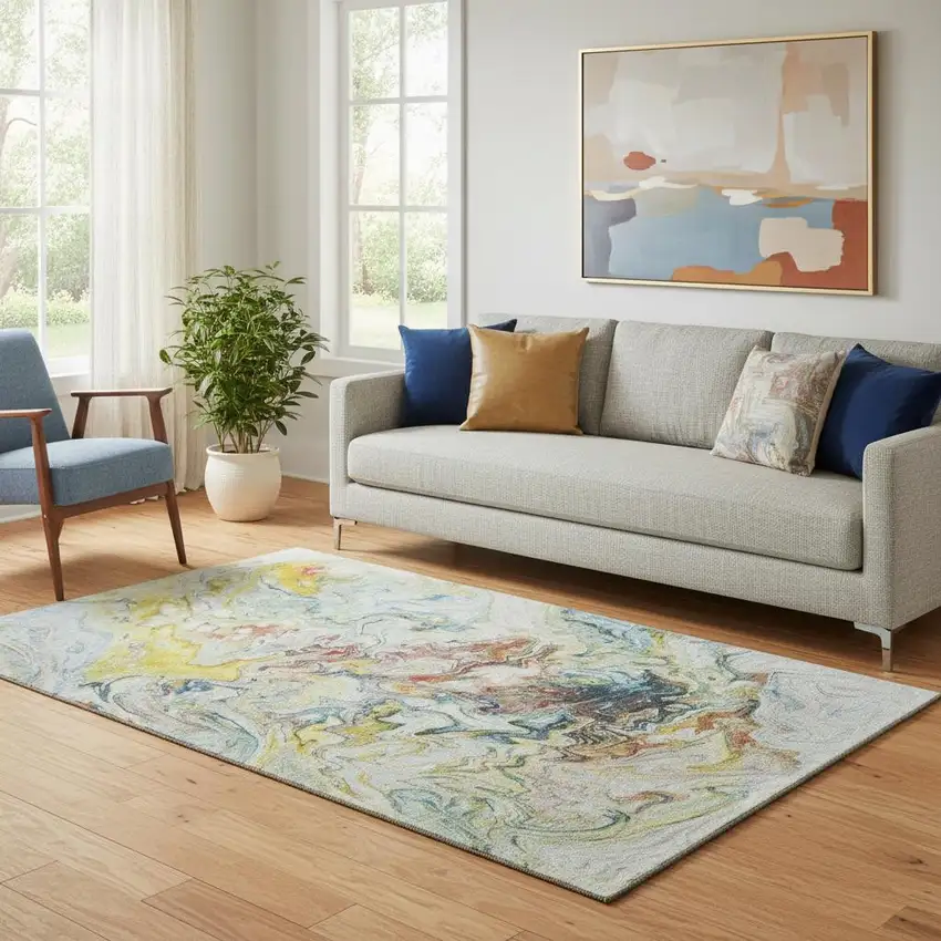 Ivory Yellow And Blue Abstract Washable Area Rug With UV Protection Photo 1