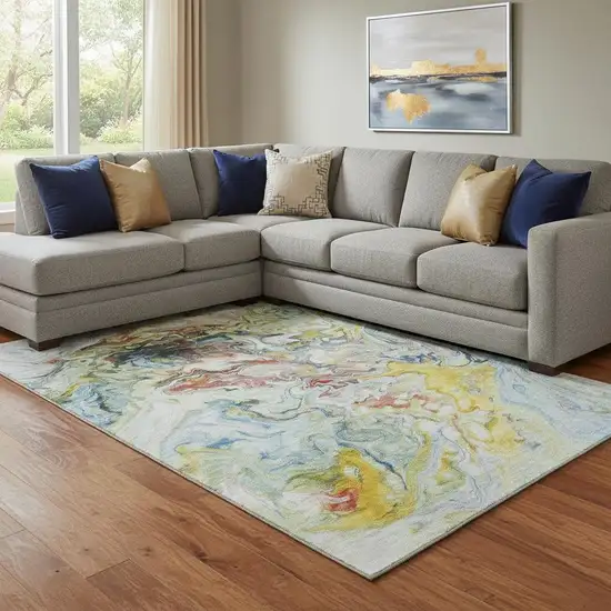 Ivory Yellow And Blue Abstract Washable Area Rug With UV Protection Photo 1