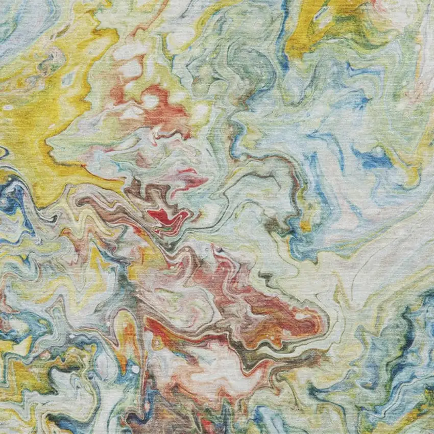 Ivory Yellow And Blue Abstract Washable Area Rug With UV Protection Photo 3