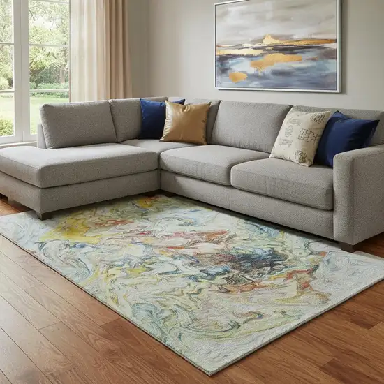 Ivory Yellow And Blue Abstract Washable Area Rug With UV Protection Photo 2