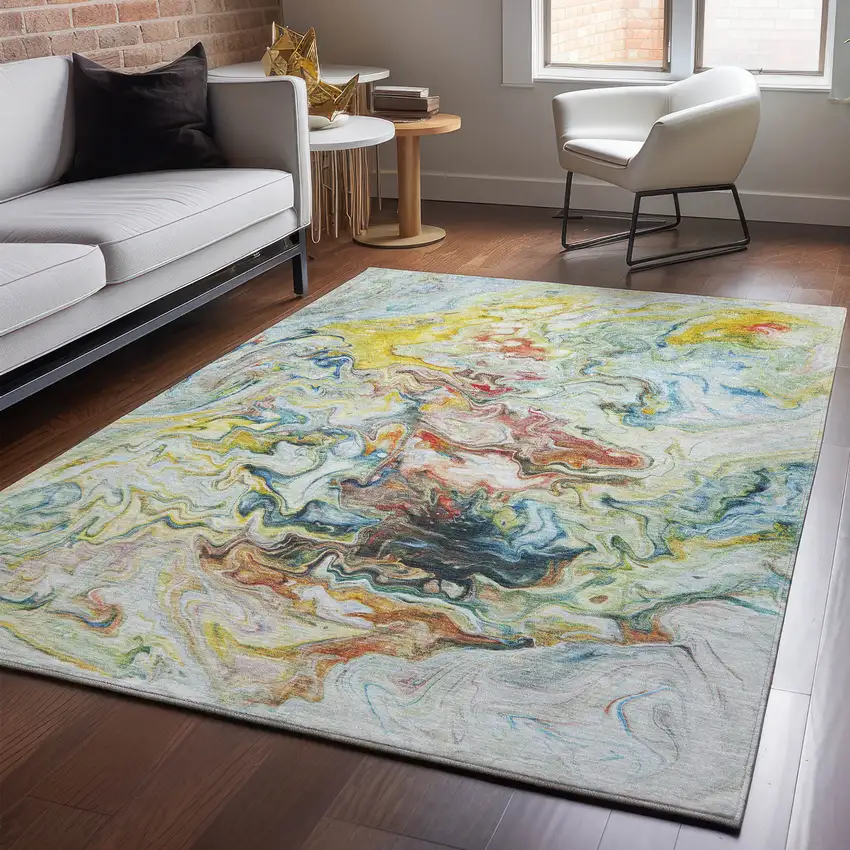 Ivory Yellow And Blue Abstract Washable Area Rug With UV Protection Photo 5
