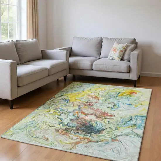 Ivory Yellow And Blue Abstract Washable Area Rug With UV Protection Photo 2