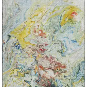 Photo of Ivory Yellow And Blue Abstract Washable Area Rug With UV Protection