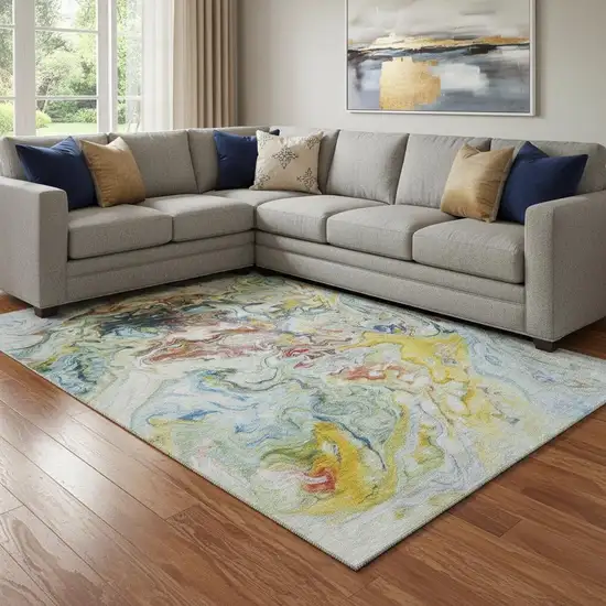 Ivory Yellow And Blue Abstract Washable Area Rug With UV Protection Photo 1