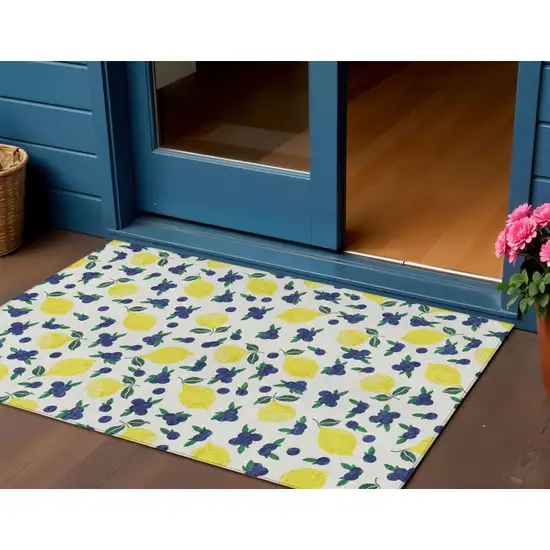 Ivory Yellow And Blue Lemons Washable Indoor Outdoor Area Rug Photo 1
