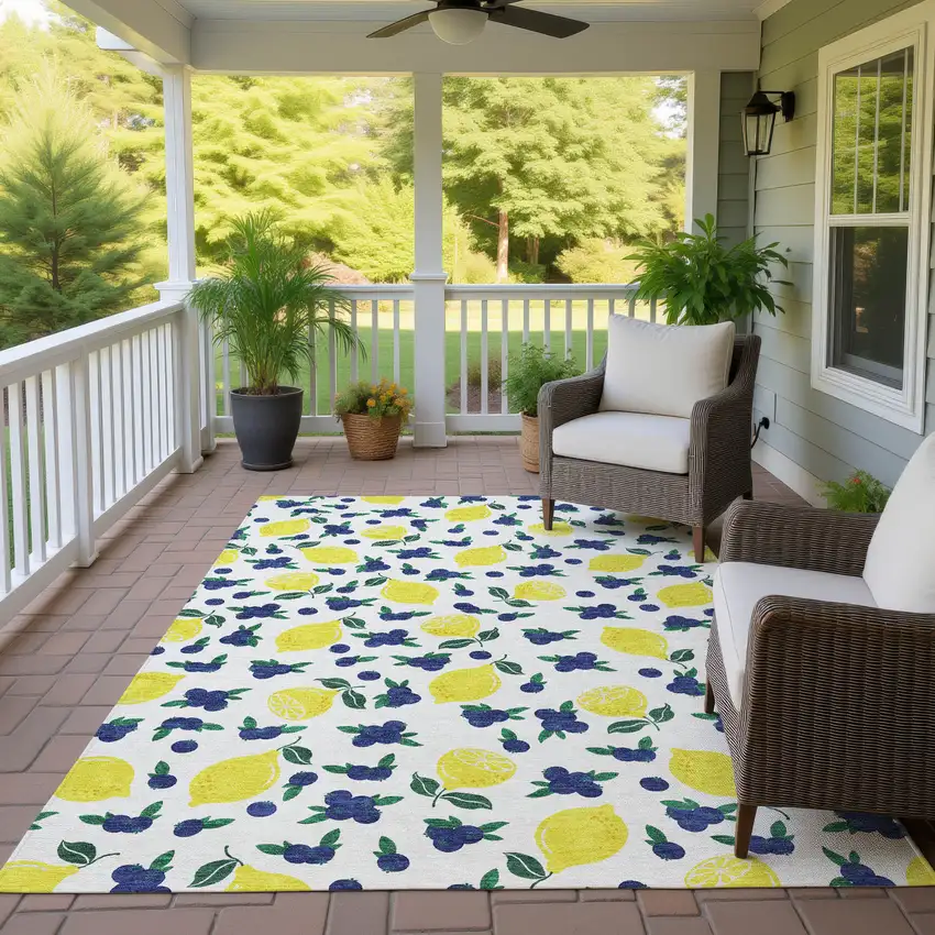 Ivory Yellow And Blue Lemons Washable Indoor Outdoor Area Rug Photo 9