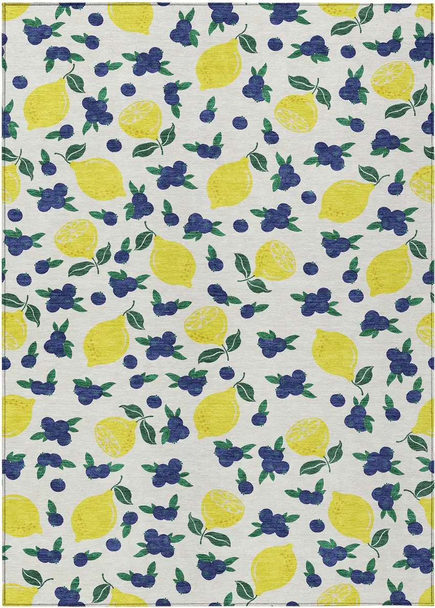 Ivory Yellow And Blue Lemons Washable Indoor Outdoor Area Rug Photo 2