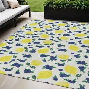 Photo of Ivory Yellow And Blue Lemons Washable Indoor Outdoor Area Rug