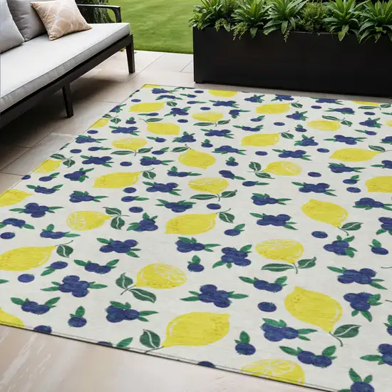 Ivory Yellow And Blue Lemons Washable Indoor Outdoor Area Rug Photo 1