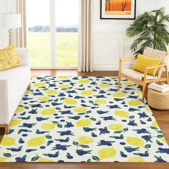 Ivory Yellow And Blue Lemons Washable Indoor Outdoor Area Rug Photo 9