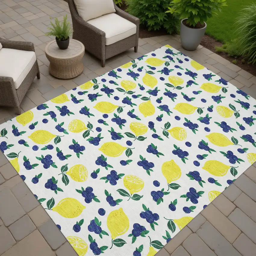 Ivory Yellow And Blue Lemons Washable Indoor Outdoor Area Rug Photo 7