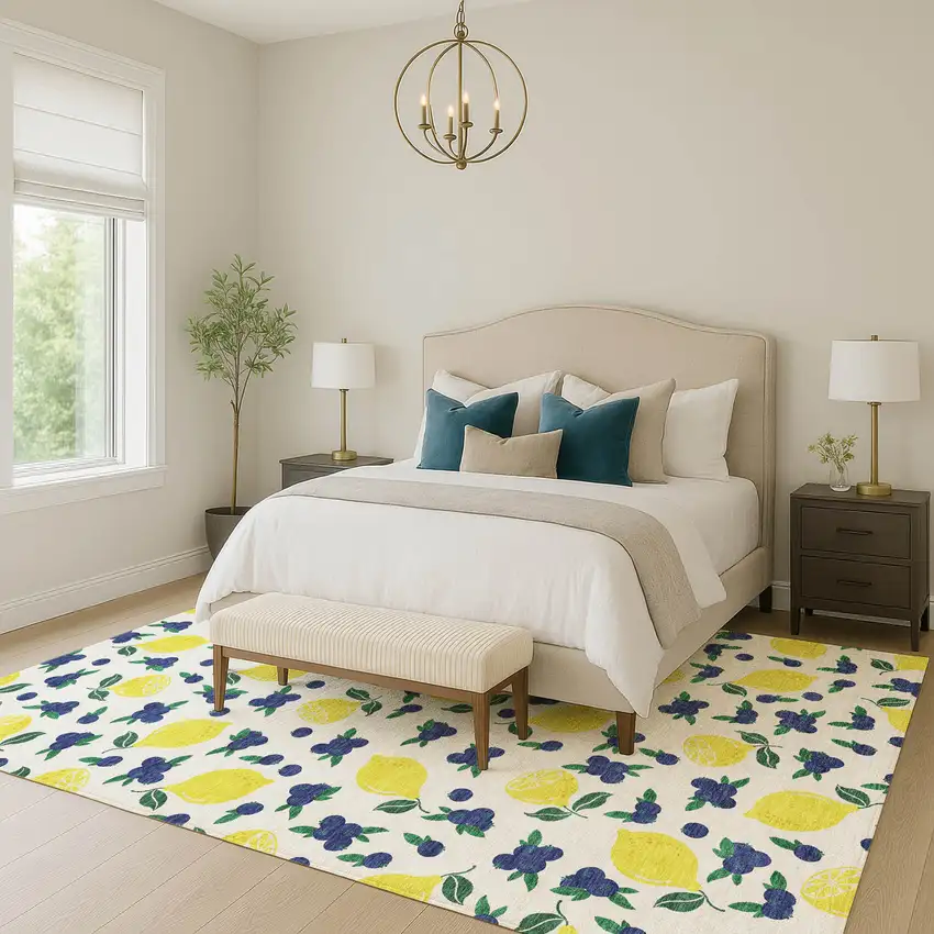 Ivory Yellow And Blue Lemons Washable Indoor Outdoor Area Rug Photo 8