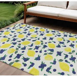 Photo of Ivory Yellow And Blue Lemons Washable Indoor Outdoor Area Rug