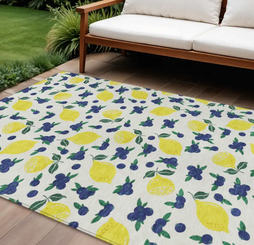 Ivory Yellow And Blue Lemons Washable Indoor Outdoor Area Rug Photo 1