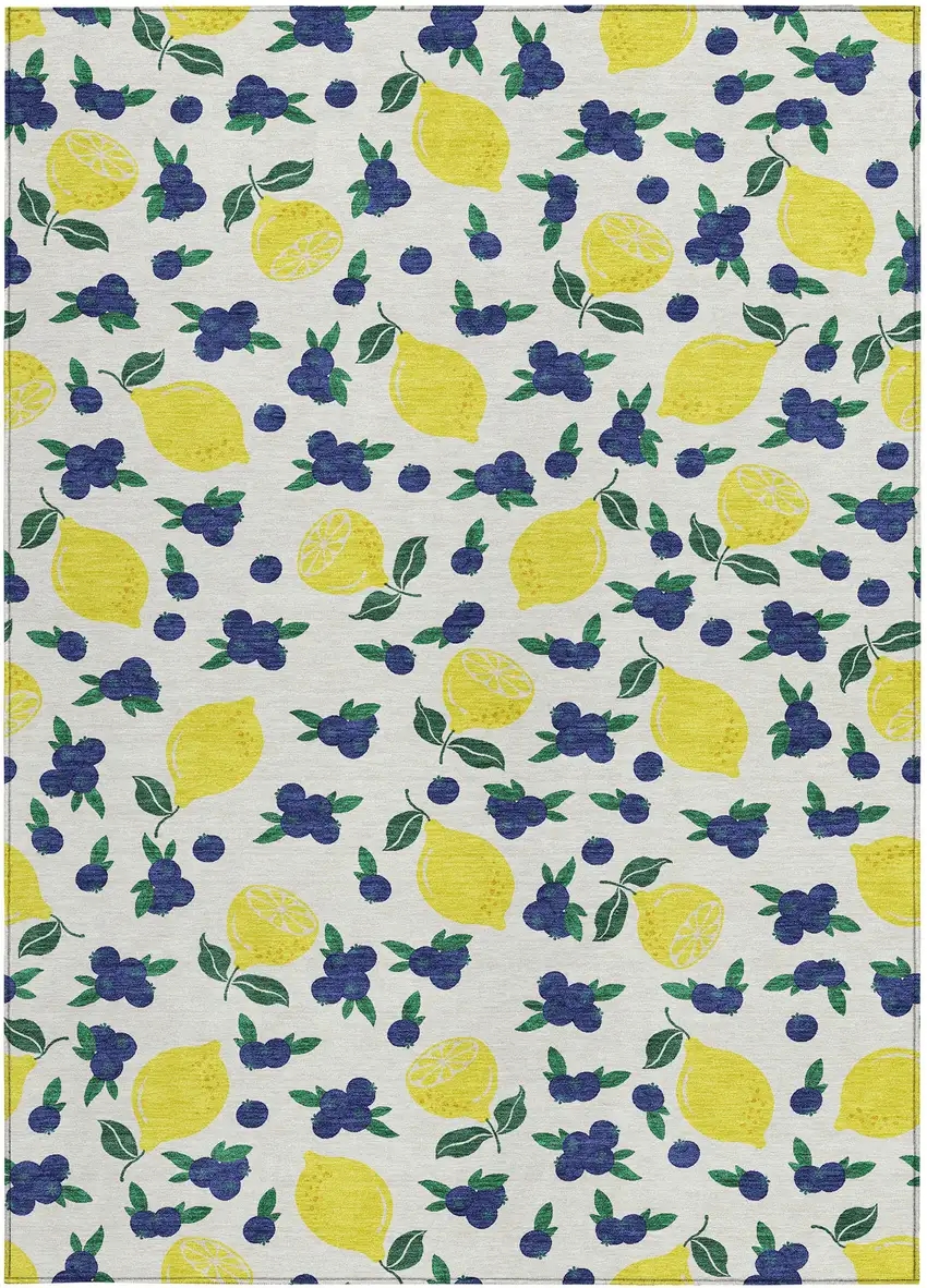 Ivory Yellow And Blue Lemons Washable Indoor Outdoor Area Rug Photo 4