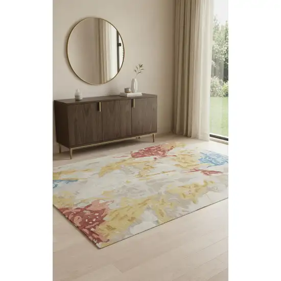 Ivory Yellow And Blue Wool Abstract Tufted Handmade Stain Resistant Area Rug Photo 1