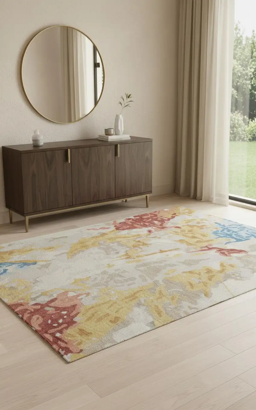 Ivory Yellow And Blue Wool Abstract Tufted Handmade Stain Resistant Area Rug Photo 1