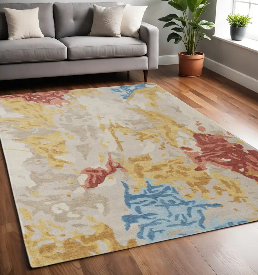 Ivory and Blue Wool Abstract Hand Tufted Area Rug Photo 1