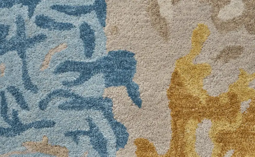 Ivory Yellow And Blue Wool Abstract Tufted Handmade Stain Resistant Area Rug Photo 9
