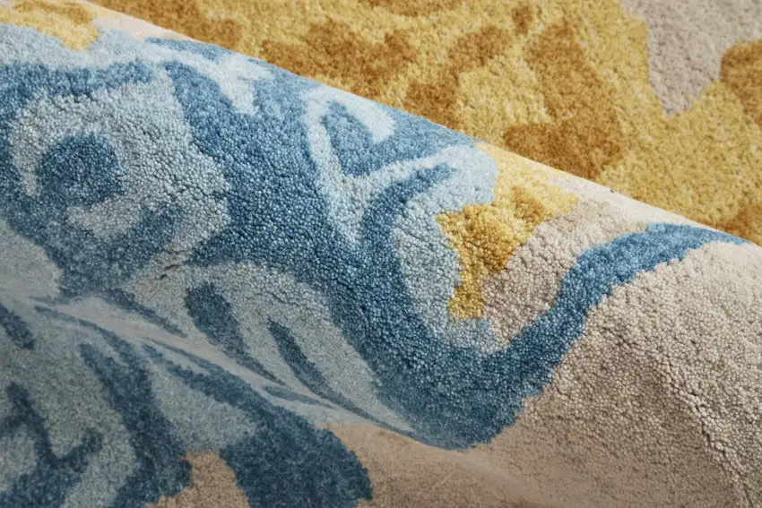 Ivory Yellow And Blue Wool Abstract Tufted Handmade Stain Resistant Area Rug Photo 8
