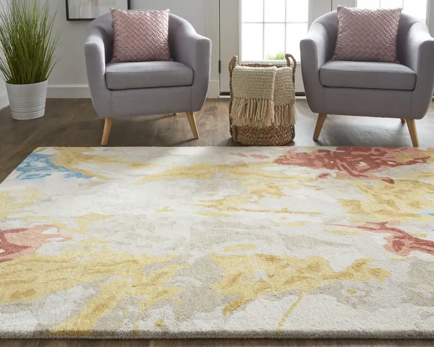 Ivory Yellow And Blue Wool Abstract Tufted Handmade Stain Resistant Area Rug Photo 7