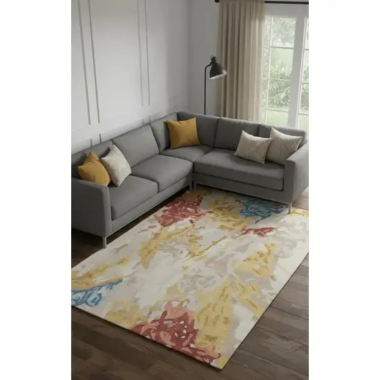 Ivory Yellow And Blue Wool Abstract Tufted Handmade Stain Resistant Area Rug Photo 1