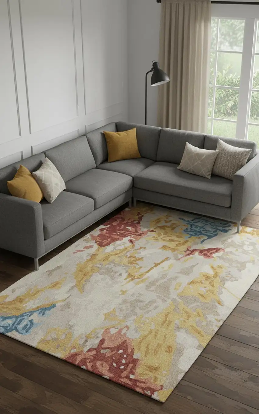 Ivory Yellow And Blue Wool Abstract Tufted Handmade Stain Resistant Area Rug Photo 1