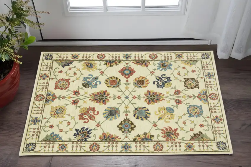 Ivory Yellow And Dark Orange Oriental Area Rug With Fringe Photo 1