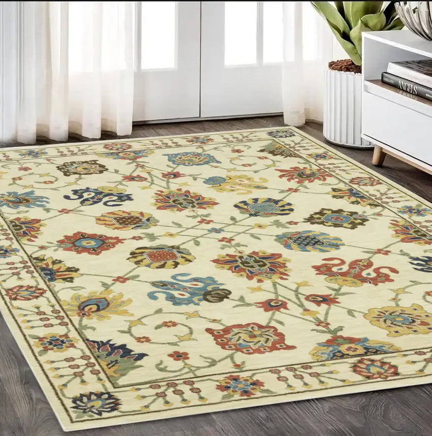 Ivory Yellow And Orange Oriental Area Rug With Fringe Photo 1