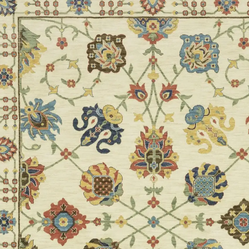 Ivory Yellow And Orange Oriental Area Rug With Fringe Photo 6