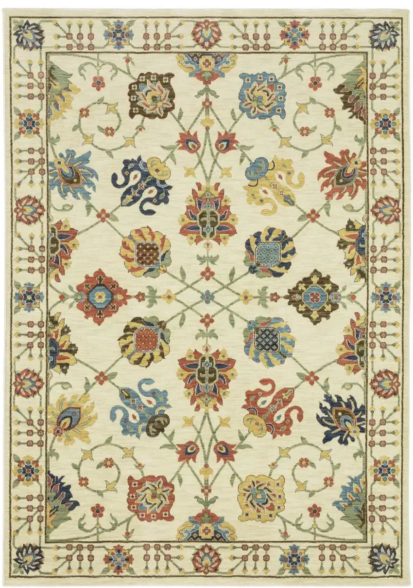 Ivory Yellow And Orange Oriental Area Rug With Fringe Photo 2