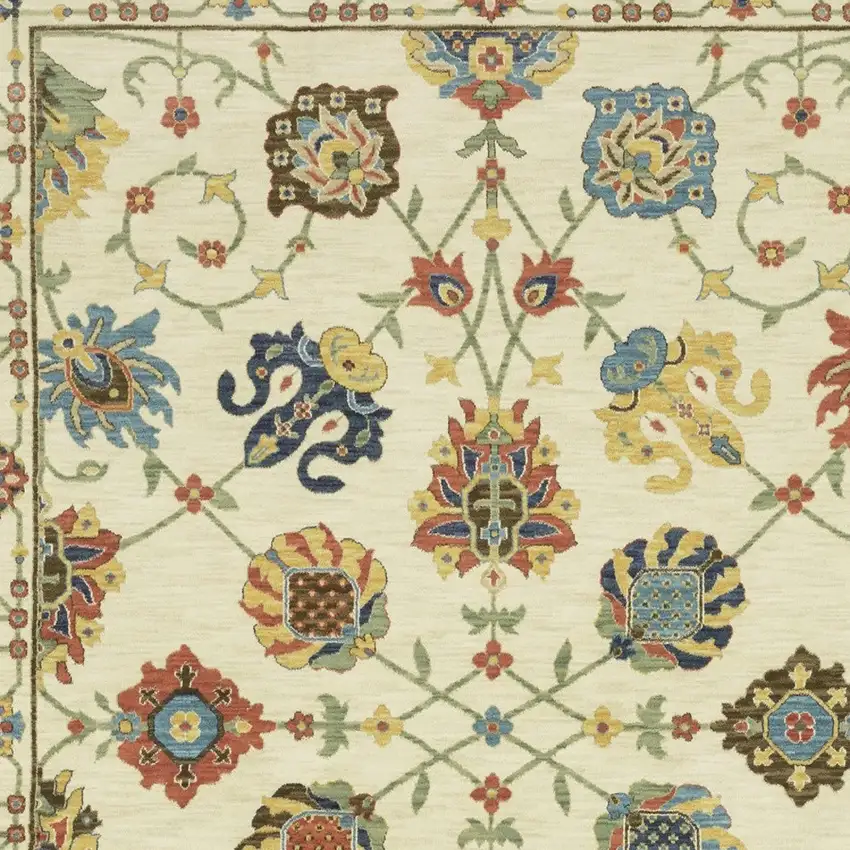 Ivory Yellow And Orange Oriental Area Rug With Fringe Photo 6