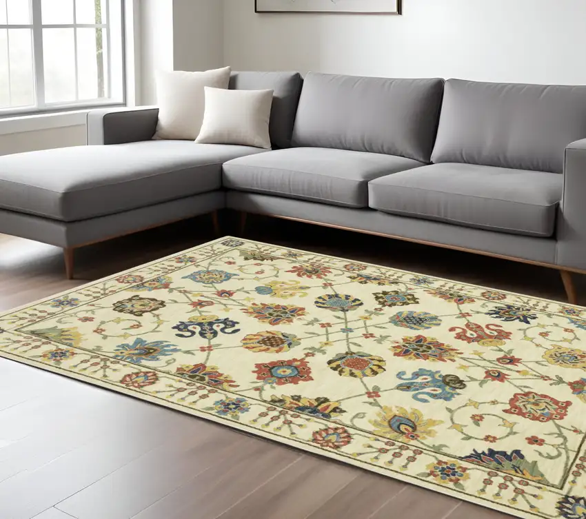 Ivory Yellow And Orange Oriental Area Rug With Fringe Photo 1