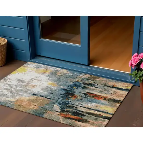 Ivory Yellow Blue And Beige Abstract Washable Indoor Outdoor Area Rug Photo 1
