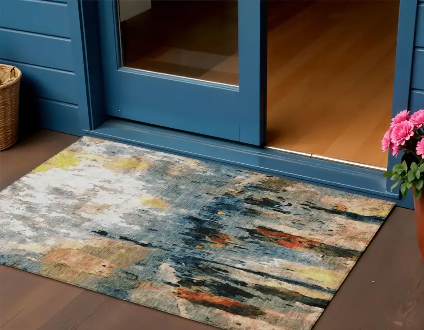 Ivory Yellow Blue And Beige Abstract Washable Indoor Outdoor Area Rug Photo 1