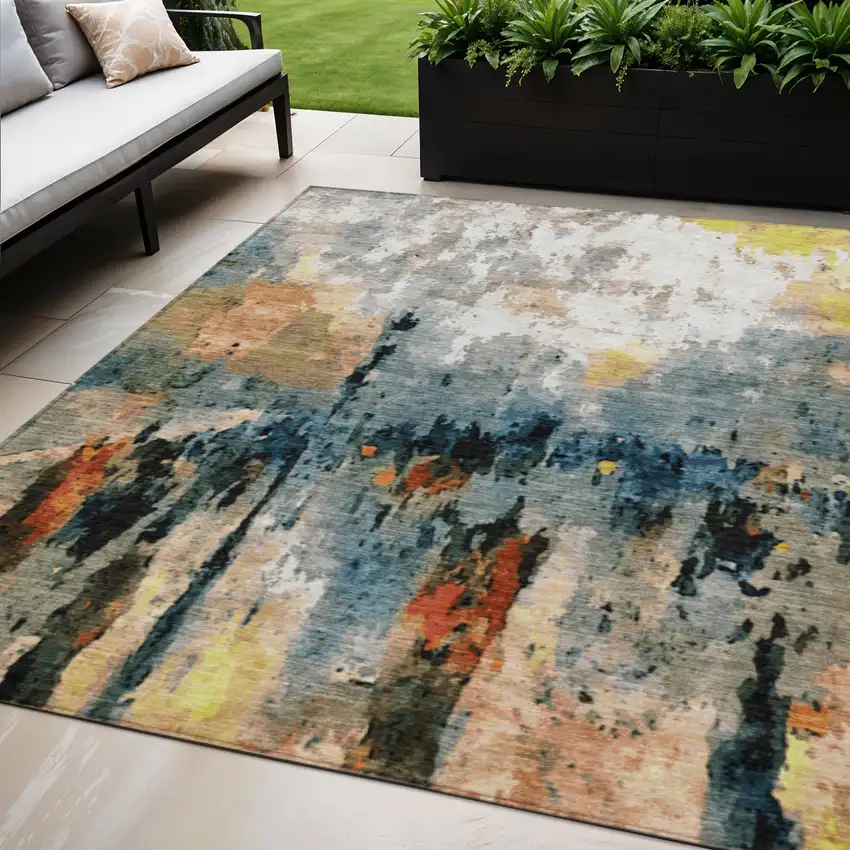 Ivory Yellow Blue And Beige Abstract Washable Indoor Outdoor Area Rug Photo 1